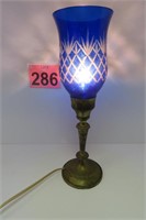 Vintage Blue Glass Lamp w/ Brass Base 15" T