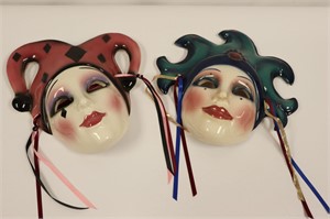 2pc Vtg Clay Art Jester Masks, Ceramic