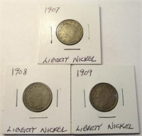 (3) Liberty Head Nickels 1907, 1908, 1909