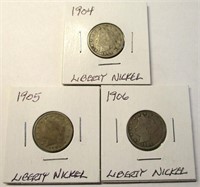 (3) Liberty Head Nickels 1904, 1905, 1906