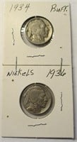 (2) Buffalo Nickels 1934, 1936
