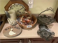 Lot w/welcome sign, potpourri, wall clock, candle
