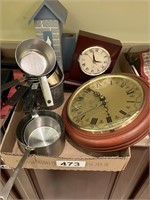 Box w/clocks, measuring cups, candle holder