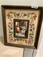 Framed cross stitch picture w/inset mirror