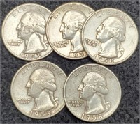 (5) Silver Washington Quarters: 1950-1958