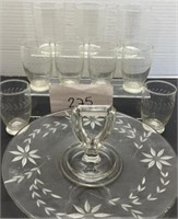Vintage etched glass serving plate & cups