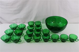 Anchor Hocking Forest Green Punch Bowl & Cups