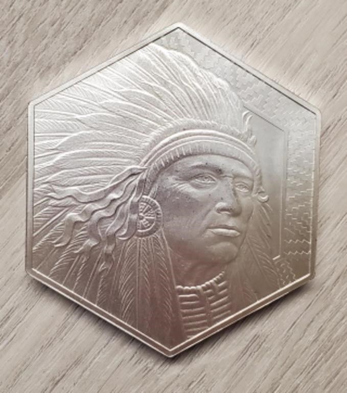 10 oz Silver Hexagonal Indian Chief/Buffalo Bar