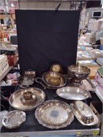 Silver plated serving dishes, mantle clock
