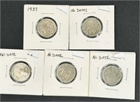 5 Buffalo Nickels Four w/ no date and one 1937