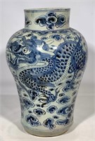 Oriental vase, blue & white, dragon design,