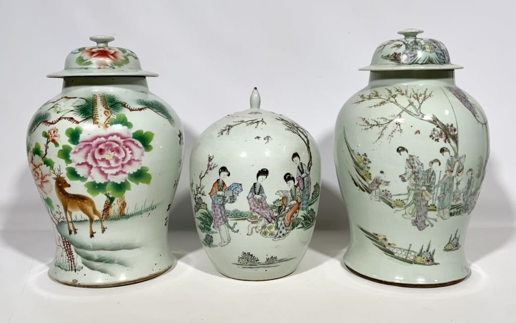 3 Chinese Ginger jars, decorated porcelain,