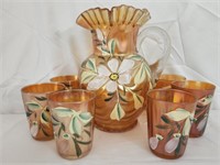 Fenton Hand Painted Carnival Glass Pitcher Cups