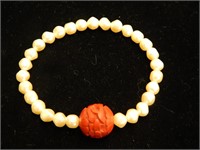 Chinese Carved Red Cinnabar & Pearl Bracelet