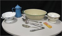 Vtg Enameled Kitchenware & Silver Plate Utensils