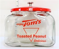Square glass Toms Peanut canister w/ red lid