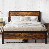 Metal Bed Frame w/ Rustic Wooden Headboard, Queen