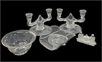 Etched Glass Candle Holders, (2) Bowls, Salt &