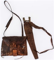 Firearm Antique Leather Pouch and Powder Flask