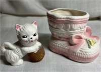 Cute Ceramic Kitty Cat & Baby Boot Planter