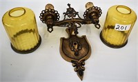 2-arm wall sconce, amber shades-brass trim