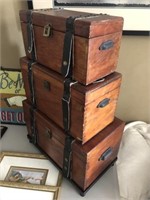 3 Stacked boxes w/ leather straps & metal hardware