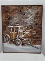 Vintage carved wood panel of a stagecoach 37"×31"