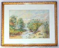 Antique Watercolour River Landscape.