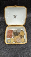 Vintage Powder Dish with Various Coins+