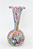 Vintage Murano Millefiori Fluted Rim Glass Vase