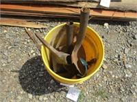 154) Bucket with shovel, axe, misc heads