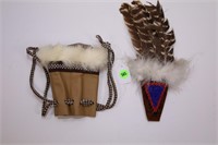 NATIVE AMERICAN BEADED FEATHER FAN & LEATHER