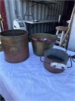 Copper bucket, shell bucket & bucket of apples