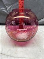 Etched cranberry bowl vase