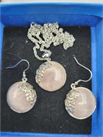 Pink Quartz Jewelry Set 22in Necklace And Pierced