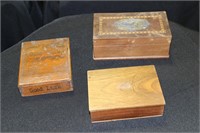 3 Small Wooden Trinket Boxes- 1 Stamped Good Luck