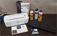 Box w/ Printer, keyboard,  Paper, Misc