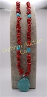 Necklace Red Coral, Turquoise Adjustable 19"-21"