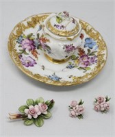 Capodimonte Brooch Earring Set & Covered Dish