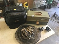 Reels, fishing basket, tackle box empty ice chest