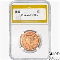 1853 Braided Hair Large Cent PGA MS64 RED