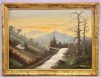 Oil painting - Mountain scene on art board, gold