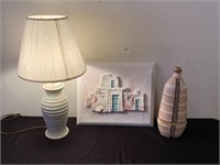 Table Lamp, Signed Art Work and Vase