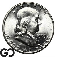 1955 Franklin Half Dollar, Full Bell Lines, Gem BU