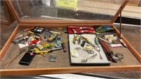 Display Case w/Knives, Cars, Lighters,