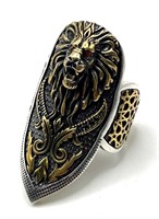 Sterling Silver Lion Head Shield Men's Ring