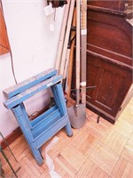Eight tools including pair of sawhorses, post