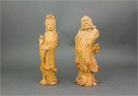 Chinese Wood Caved Guanyin and Bodhidharma