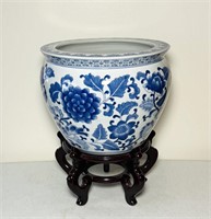Blue & White Chinese Porcelain Fishbowl Planter,