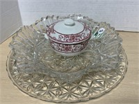 Glass Serving Plate, Bowl And Ironstone Sugar